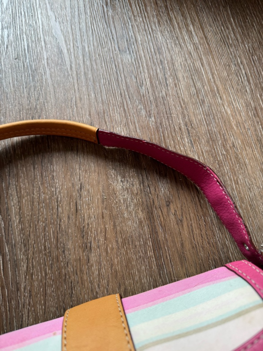 Vintage Coach Striped Pastel Shoulder Bag with Pink Trim and Tan Buckle - Picture 11 of 17